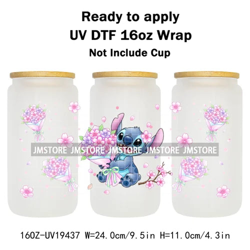Cartoon Holding Bouquet Flowers UV DTF Cup Wrap Ready To Apply Transfer Stickers Durable 16OZ Tumbler Wraps For Libbey Glass Can