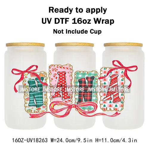 Christmas Mama Mini Coquette Family Xmas 16OZ UV DTF Cup Wraps Ready To Apply Waterproof Transfer Stickers For Libbey Glass Can