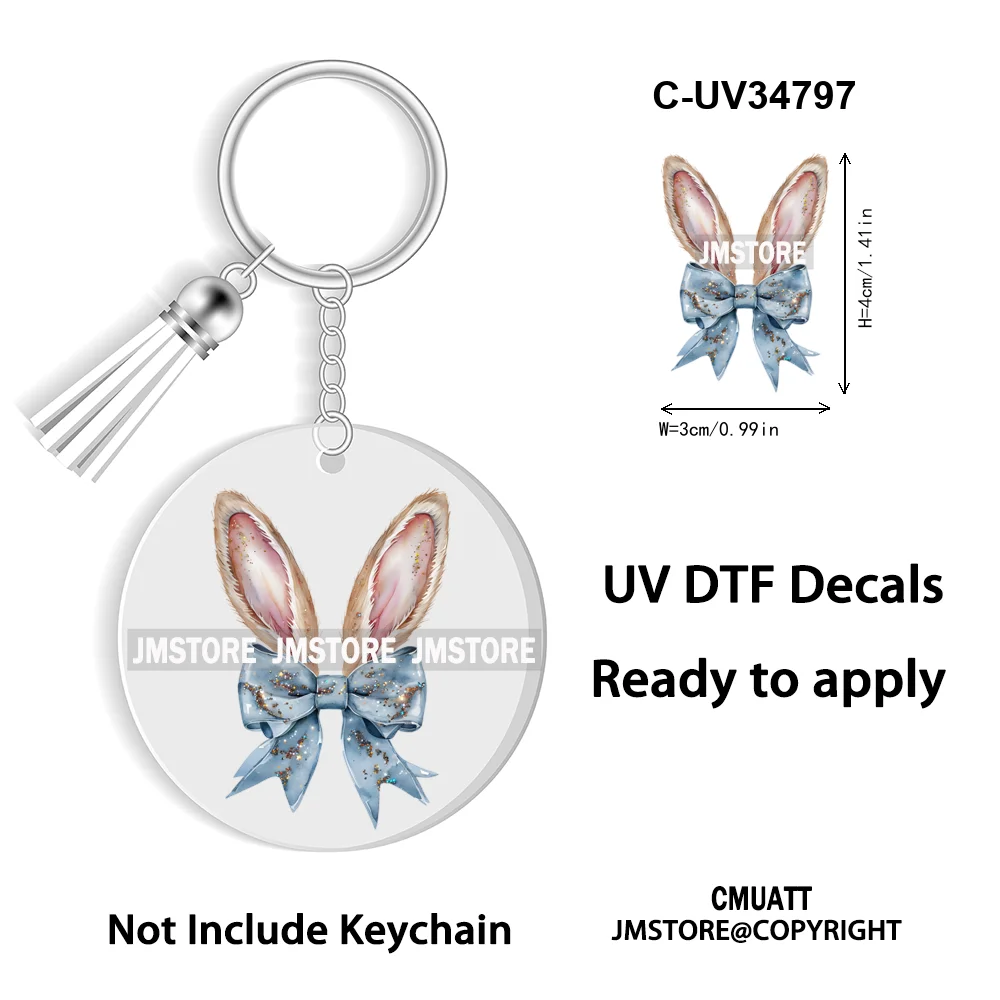 Faux Sequin Glitter Happy Easter Bow Retro Easter Bunny Blowing Bubble UV DTF Stickers for Round Circle Acrylic Keychain Keyring