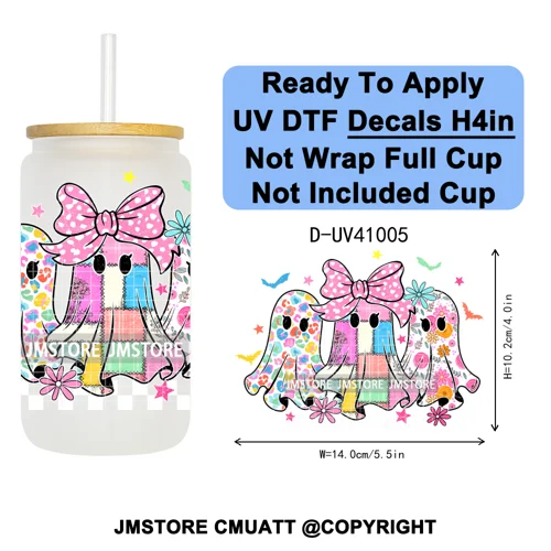 Iridescent Ghost Pumpkin Coquette Halloween UV DTF Transfer Stickers Decals Ready To Apply Waterproof For 16OZ Libbey Glass Can