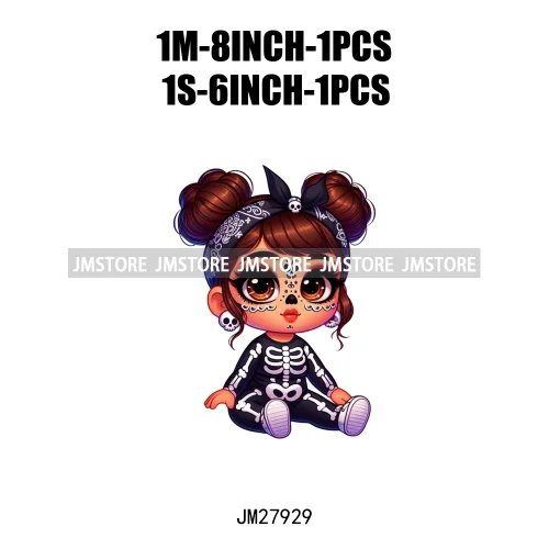 Halloween Skeleton Latina Baby Chibi Hispanic Girls Spooky Season DTF Iron On Transfers Stickers Ready To Press For Clothing