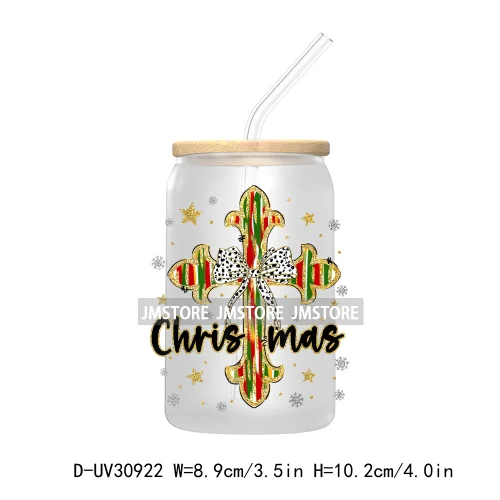 Jesus Is The Reason Christmas Cross Bow UV DTF Transfer Stickers Decals For Libbey Cold Cups Mugs Tumbler Waterproof Bible Verse