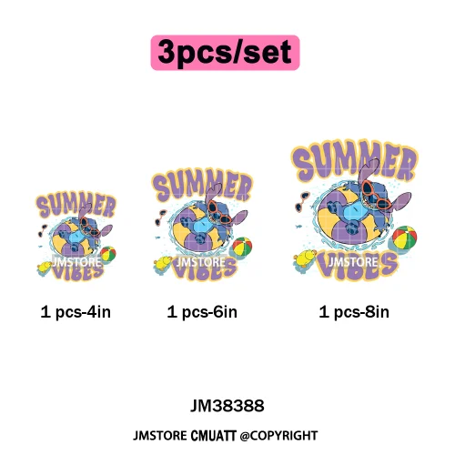Retro Cartoon Happy Summer Vacation Vibes Coquette Seashells Iron on DTF Heat Transfer Stickers Ready to Press for Clothes Bags