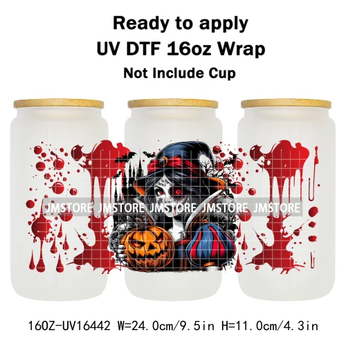 Halloween Witch Princess Bat Pumpkin UV DTF Wraps Transfer Stickers Waterproof High Quality For 16OZ Libbey Glass Can Tumbler