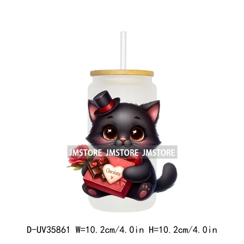 Valentine's Day Black Cat Couple UV DTF Transfer Stickers Decals Ready To Apply Waterproof For 16OZ Libbey Glass Can Cup Tumbler