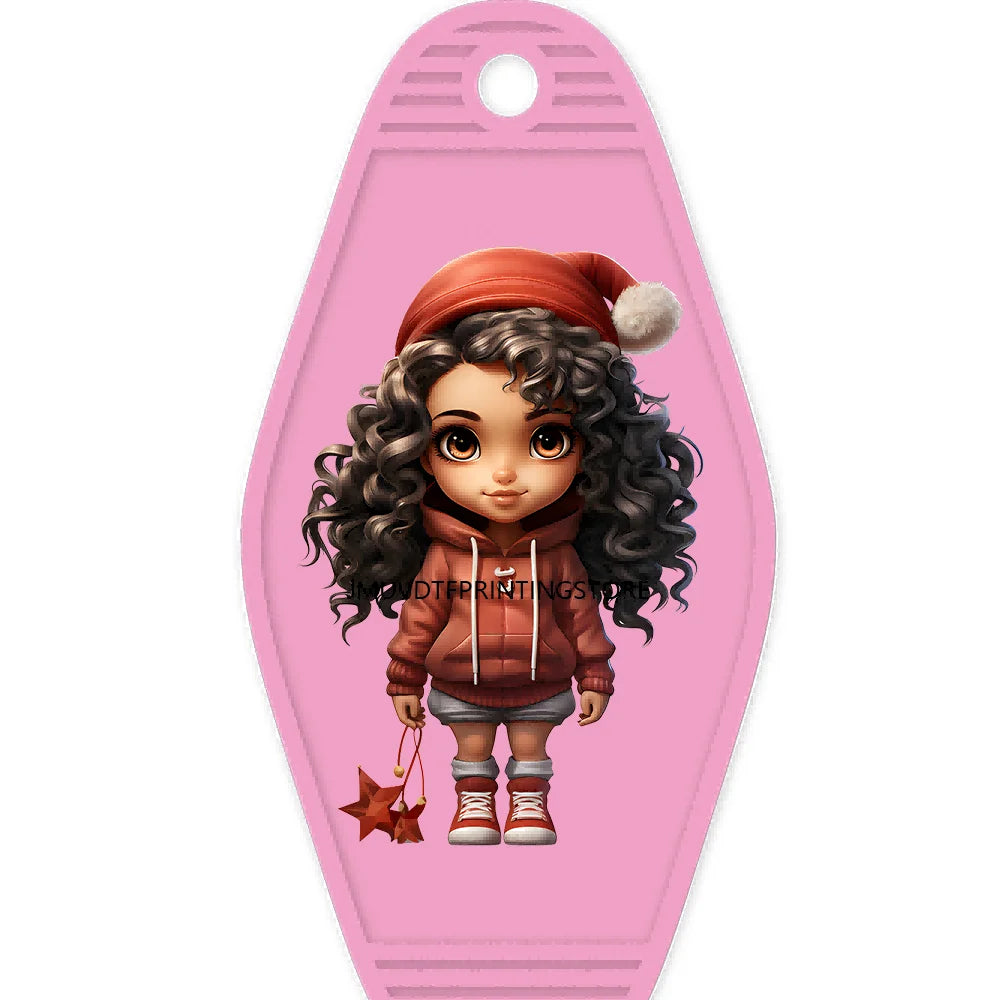 Merry Christmas Little Girls With Santa Hat High Quality WaterProof UV DTF Sticker For Motel Hotel Keychain