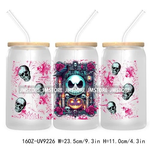 Horror Characters 16OZ UV Cup Wrap DTF Transfer Stickers For Libbey Glass Can Cups Tumbler Waterproof Labels Halloween Skull