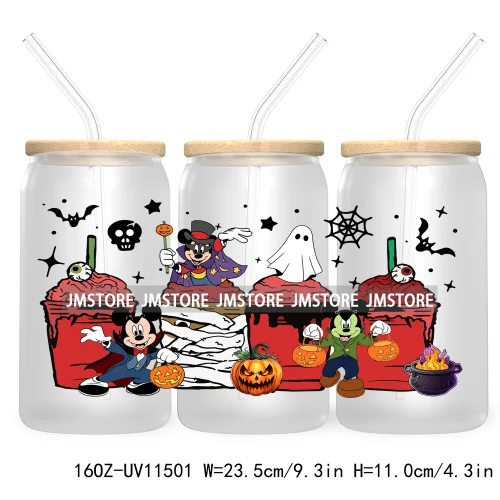 Spooky Cartoon Halloween Pumpkin Ghost 16OZ UV Cup Wrap DTF Transfer Stickers For Libbey Glass Can Cup Tumbler Waterproof Labels