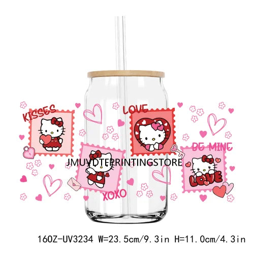 Cartoon Hello Girl Cat Valentine's Day UV DTF Sticker For 16OZ Libbey Glass Cup Can Wrap Transfer Sticker Custom Labels DIY Logo