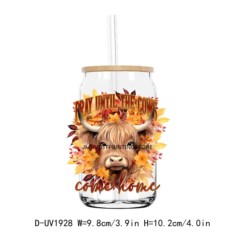 Howdy Fall Highland Cow Pumpkin UV DTF Transfers Stickers Decals For Libbey Cold Cups Mugs Tumbler Waterproof DIY Craft