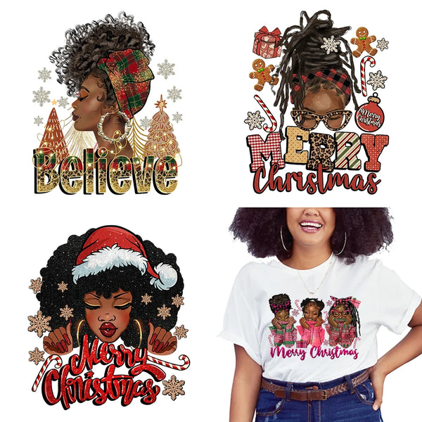 Merry Christmas Afro Girls Nails DTF Designs Festival Balck Women Just A Girl Who Love Christmas Transfer Stickers For Hoodies