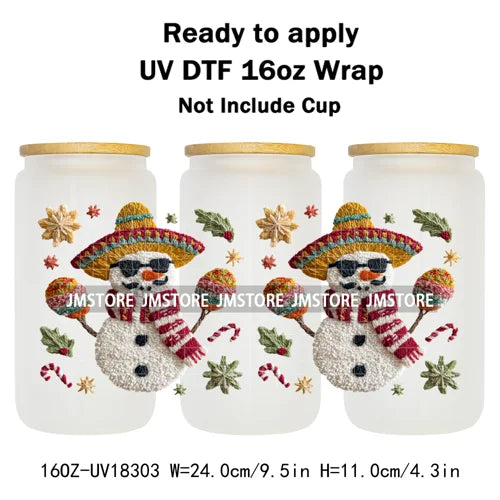 Faux Yarn Christmas Reindeer UV DTF Cup Wrap Ready To Apply Transfer Stickers Durable 16OZ Tumbler Wraps For Libbey Glass Can