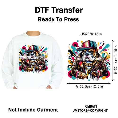 12in Streetwear Vibes Rich Cool Cartoon Bulldog King Designs Washable Iron on DTF Transfers Stickers Ready to Press for Clothes