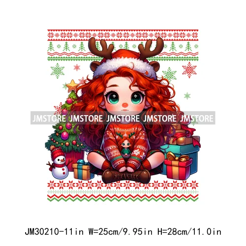 Cute Princess Red Ugly Sweater Cartoon Girls Friends Merry Christmas Iron On DTF Transfers Stickers Ready To Press For Clothing