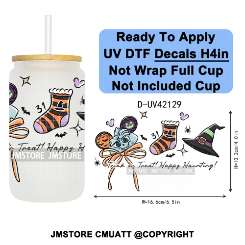 Spooky Halloween Mouse Ears Cartoon Character UV DTF Transfer Sticker Decals Ready To Apply Waterproof For 16OZ Libbey Glass Can