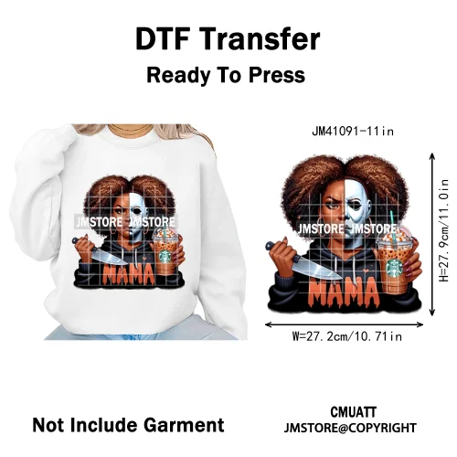 Horror Afro Mama Coffee Lover Scary Girly Killer Halloween Movie Iron on DTF Transfers Stickers Ready to Press for Textile Bags