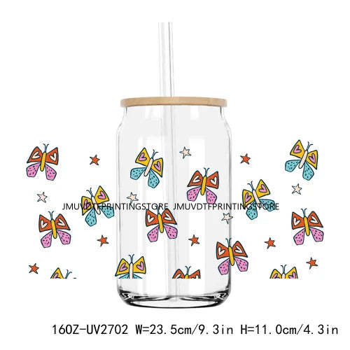 Watercolor Butterflies And Flowers UV DTF Sticker For 16OZ Libbey Glass Cup Can Wrap Transfer Sticker Custom Labels DIY Logo