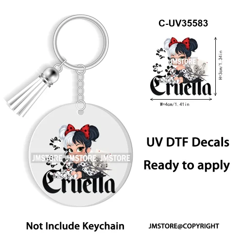 Cartoon Princess In My Villains Era UV DTF Decal Round Keychain Ready To Apply WaterProof Transfer Stickers For Circle Keychain