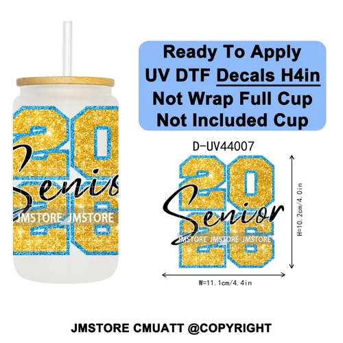 Faux Glitter Senior 2026 School UV DTF Decals Ready To Apply Waterproof Transfer Stickers DIY Crafts For 16OZ Libbey Glass Can
