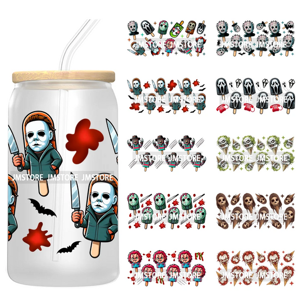 Ice Cream Halloween Killers Horror Characters UV DTF Stickers Ready To Apply Cup Wrap Custom Labels For 16OZ Libbey Can Glass
