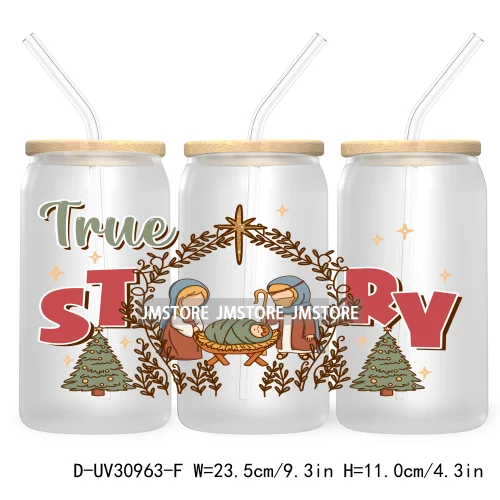 Merry Christmas Howdy Gingerbread 16OZ UV Cup Wrap DTF Transfer Stickers For Libbey Glass Can Cups Tumbler God Jesus Chris Xmas