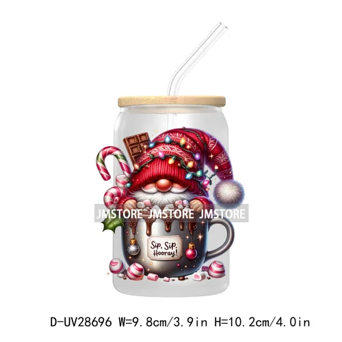 Festive Christmas Gnome Candy Cane UV DTF Transfer Stickers Decals For Libbey Cold Cups Mugs Tumbler Labels Cartoon Characters