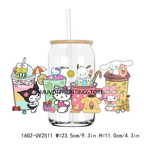 Cute Bear And Cat Coffee UV DTF Sticker For 16OZ Libbey Glass Cup Can Cartoon Cars Wrap Transfer Sticker Custom Labels DIY Logo