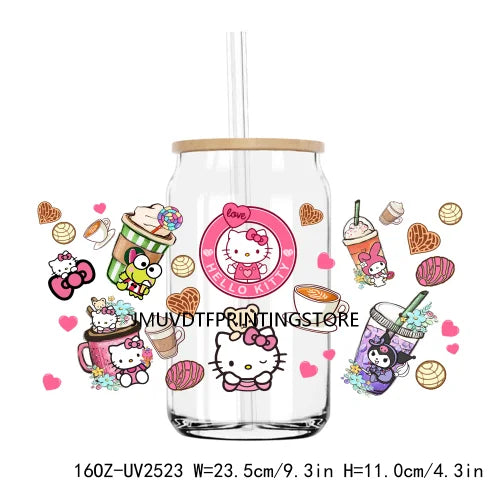 Cute Bear And Cat Coffee UV DTF Sticker For 16OZ Libbey Glass Cup Can Cartoon Cars Wrap Transfer Sticker Custom Labels DIY Logo