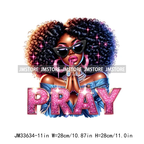 Christian Bible Urban Praying Afro Girls Jesus Faith God Love Cross Iron On DTF Transfer Stickers Ready To Press For Hoodies Bag