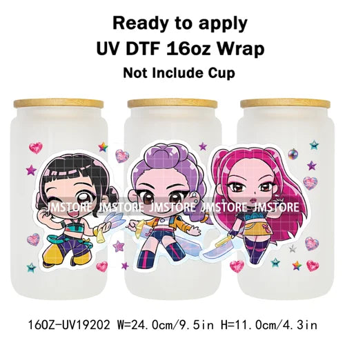 Demon Hunters Inspired Kpop Girls Bands UV DTF Transfer Sticker Durable Cup Tumbler Wrap For 16OZ Libbey Glass Wraps Bottle Mug
