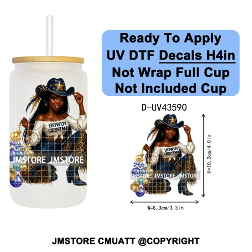 Howdy Afro Black Cowgirl Christmas UV DTF Decals Ready To Apply Waterproof Transfer Stickers For 16OZ Libbey Glass Can Bottle