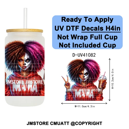 Scary Movie Character Afro Girls Halloween UV DTF Transfer Stickers Decals Ready To Apply Waterproof For 16OZ Libbey Glass Can