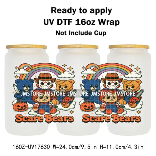 Scare Bears Halloween Horror Villain UV DTF Cup Wrap Ready To Apply Transfer Stickers Waterproof For Libbey Glass Can 16OZ Wraps
