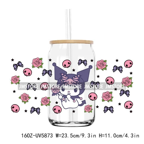 Flower Cartoon Cat With Pink Bow 16OZ UV DTF Cup Wrap Transfer Sticker Custom Label Durable Waterproof Logo For Libbey Glass Can