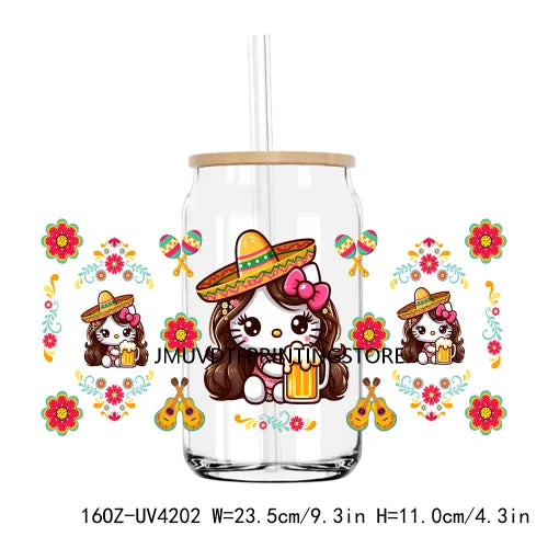 Cute Mexican Cartoon Cat With Flowers UV DTF Sticker For 16OZ Libbey Glass Cup Can Wrap Transfer Sticker Custom Labels DIY Logo