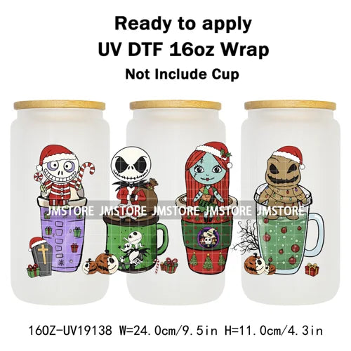 Horror Christmas Nightmare Character UV DTF Wrap Transfer Sticker Selfadhesive Waterproof High Quality For 16OZ Libbey Glass Can