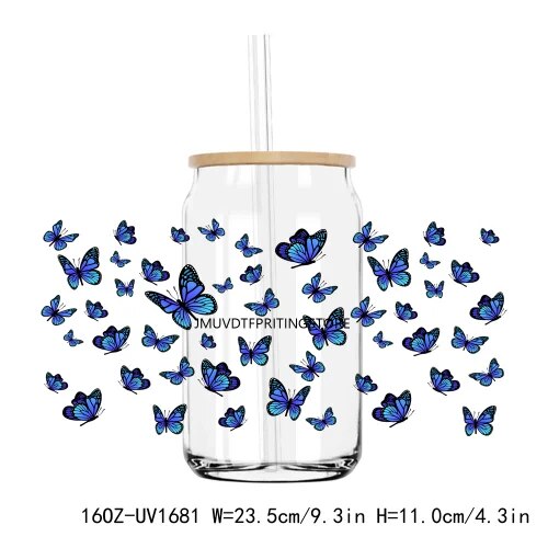 Watercolor Butterfly And Flower 16OZ UV DTF Cup Wrap Transfer Sticker Custom Labels DIY Durable Waterproof Logo For Libbey Glass