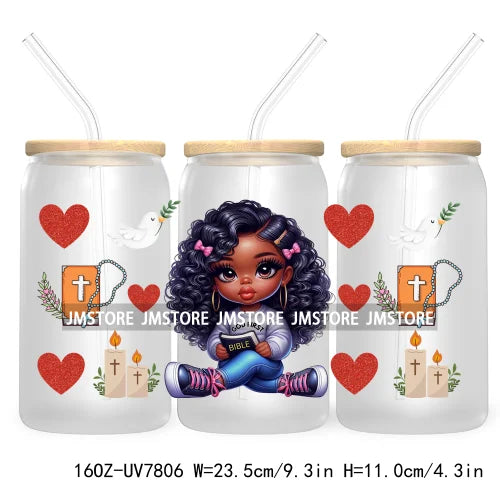 Cute Black Afro Girls 16OZ UV DTF Cup Wrap Transfer Stickers For Libbey Glass Can Cups Tumbler Waterproof Labels Christian Cross