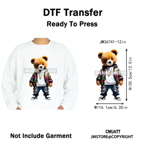 12in Cool Retro Urban Streetwear Graffiti Hip Hop Teddy Bear Iron On DTF Washable Transfers Stickers Ready to Press For Clothing