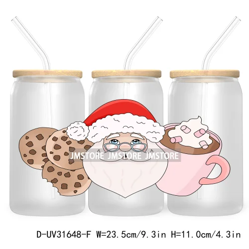 Tis The Season Christmas Tree Santa Coquette Cow 16OZ UV Cup Wrap DTF Transfer Sticker For Libbey Glass Can Cup Tumbler New Year