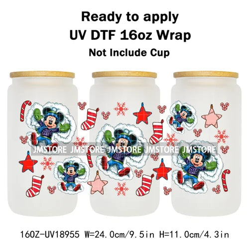 Festive Mouse Christmas Candy Cane 16OZ UV DTF Cup Wraps Ready To Apply Waterproof Transfer Stickers For Libbey Glass Can Bottle