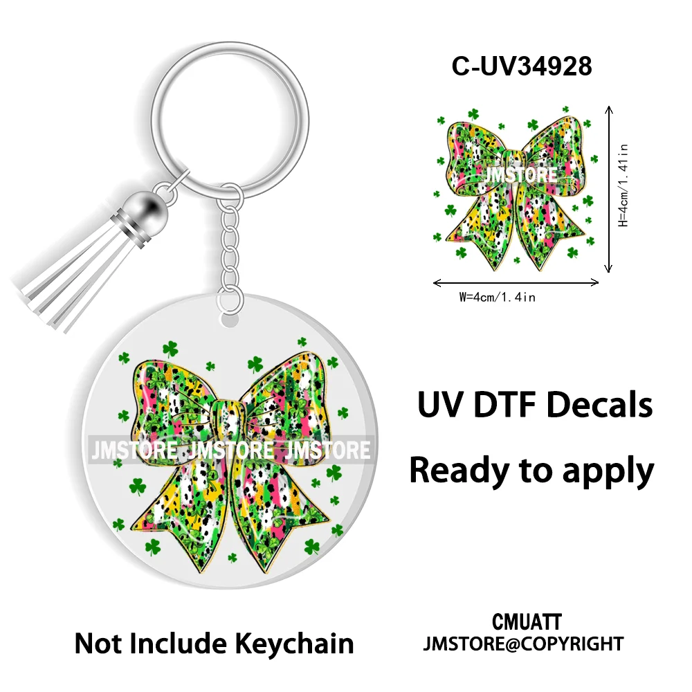 Faux Glitter Lucky Shamrock Coquette St. Patrick's Day WaterProof UV DTF Stickers For Round Circle Acrylic Keychain Key Ring