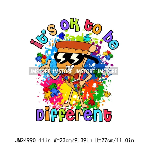 Colorful Autism Awareness Printing It's Okay To Be Different Iron On Heat Press DTF Transfer Stickers Ready To Press For Clothes