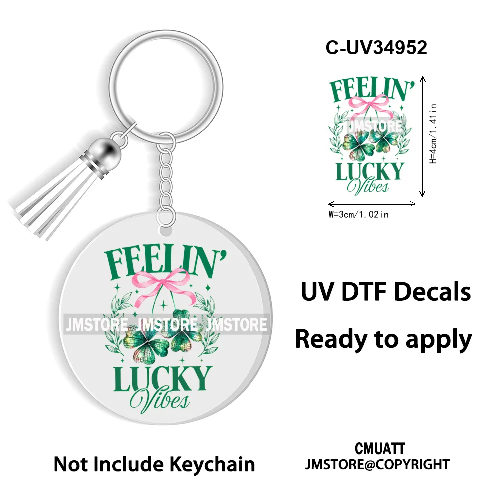 Faux Glitter Lucky Shamrock Coquette St. Patrick's Day WaterProof UV DTF Stickers For Round Circle Acrylic Keychain Key Ring