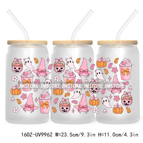 Fall Halloween Pink Ghost Pumpkin 16OZ UV DTF Cup Wrap Transfer Stickers Christmas Season Custom Labels For Libbey Glass Can