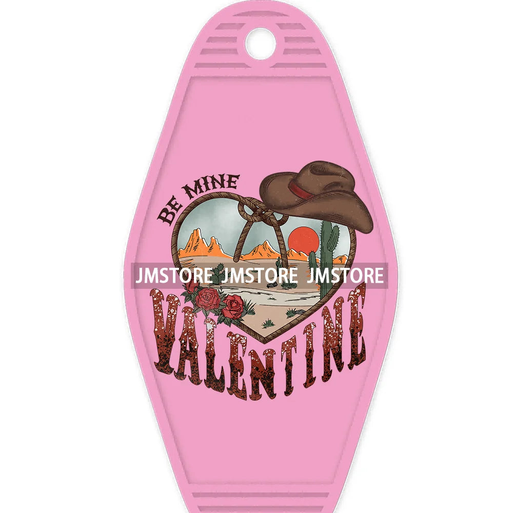 Pink Cowgirl Valentine's Day Candy Hearts High Quality WaterProof UV DTF Sticker For Motel Hotel Keychain Leopard Love Vibes