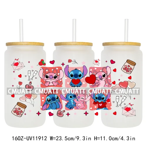 Cartoon Pink Sweet Happy Valentine‘s Day Kids Love Characters UV DTF Stickers Cup Wraps Logos For 16OZ Libbey Glass Can