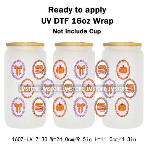 Coquette Bow Fall Autumn Pumpkins 16OZ UV DTF Cup Wraps Ready To Apply Waterproof Transfer Stickers For Libbey Glass Can Tumbler