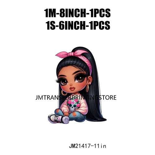 Pink Bow Long Hair Chibi Cute Chicana Doll Girls With Earing Washable Iron On DTF Transfers Stickers Designs For Sweatshirt