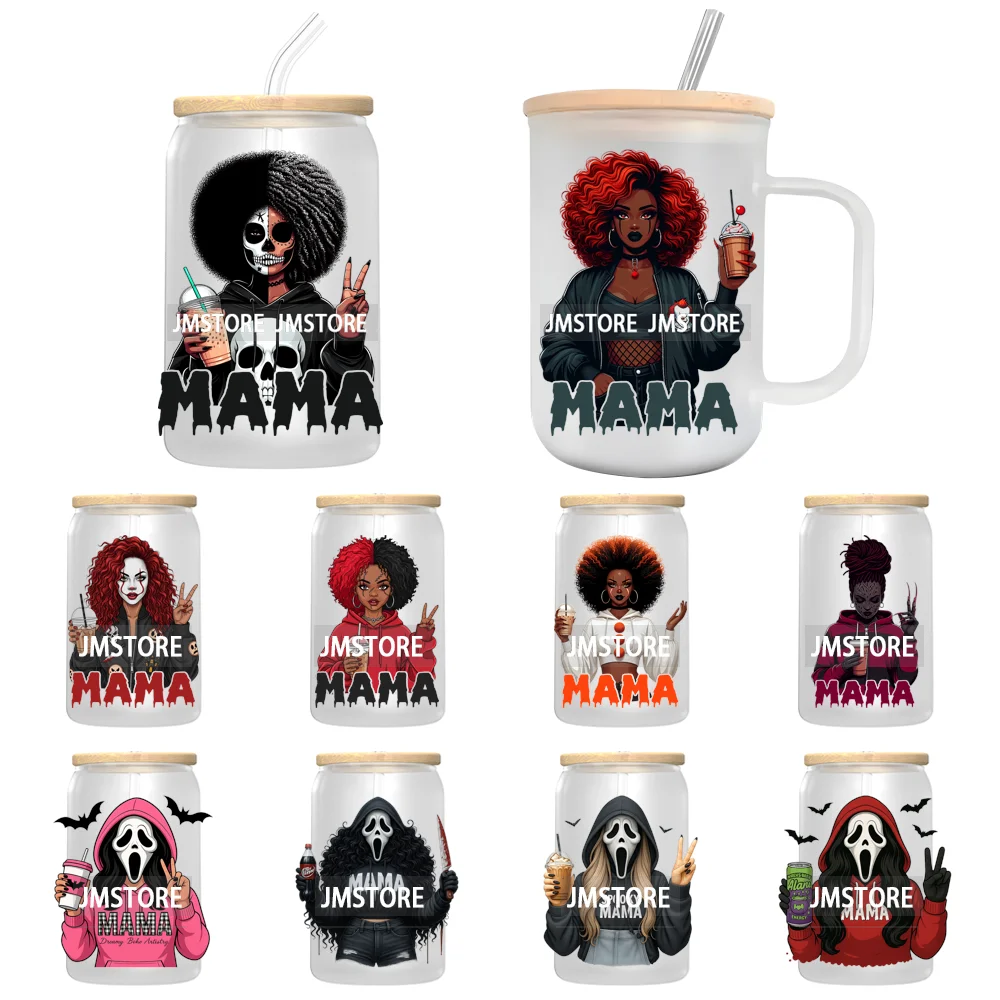 Black Girl Horror Characters Halloween Coffee UV DTF Transfer Sticker Decals Ready To Apply Waterproof For 16OZ Libbey Glass Can